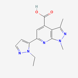 molecular formula C14H15N5O2 B3376035 6-(1-ethyl-1H-pyrazol-5-yl)-1,3-dimethyl-1H-pyrazolo[3,4-b]pyridine-4-carboxylic acid CAS No. 1170064-23-9