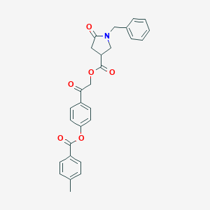 molecular formula C28H25NO6 B337704 2-{4-[(4-Methylbenzoyl)oxy]phenyl}-2-oxoethyl 1-benzyl-5-oxo-3-pyrrolidinecarboxylate 
