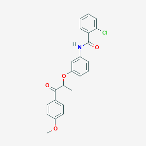 molecular formula C23H20ClNO4 B338658 2-chloro-N-{3-[2-(4-methoxyphenyl)-1-methyl-2-oxoethoxy]phenyl}benzamide 