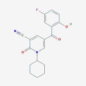 molecular formula C19H17FN2O3 B3386582 1-Cyclohexyl-5-(5-fluoro-2-hydroxybenzoyl)-2-oxo-1,2-dihydropyridine-3-carbonitrile CAS No. 736978-72-6