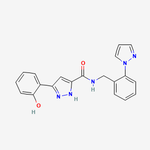 B3392893 N-[2-(1-Pyrazolyl)benzyl]-5-(2-hydroxyphenyl)-1H-pyrazole-3-carboxamide CAS No. 1470368-88-7