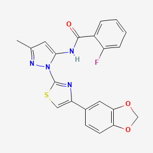 molecular formula C21H15FN4O3S B3396542 N-(1-(4-(benzo[d][1,3]dioxol-5-yl)thiazol-2-yl)-3-methyl-1H-pyrazol-5-yl)-2-fluorobenzamide CAS No. 1019101-07-5