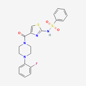 molecular formula C20H19FN4O3S2 B3397337 N-(4-(4-(2-fluorophenyl)piperazine-1-carbonyl)thiazol-2-yl)benzenesulfonamide CAS No. 1021212-68-9