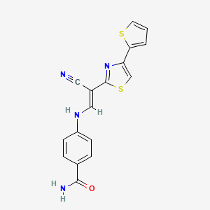 molecular formula C17H12N4OS2 B3397477 (E)-4-((2-cyano-2-(4-(thiophen-2-yl)thiazol-2-yl)vinyl)amino)benzamide CAS No. 1021219-07-7