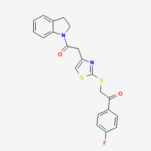 molecular formula C21H17FN2O2S2 B3398484 1-(4-Fluorophenyl)-2-((4-(2-(indolin-1-yl)-2-oxoethyl)thiazol-2-yl)thio)ethanone CAS No. 1021254-21-6