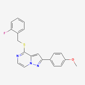 molecular formula C20H16FN3OS B3399119 4-[(2-Fluorobenzyl)thio]-2-(4-methoxyphenyl)pyrazolo[1,5-a]pyrazine CAS No. 1040632-19-6