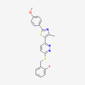 molecular formula C22H18FN3OS2 B3399326 5-(6-((2-Fluorobenzyl)thio)pyridazin-3-yl)-2-(4-methoxyphenyl)-4-methylthiazole CAS No. 1040636-41-6