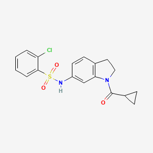 molecular formula C18H17ClN2O3S B3399356 2-chloro-N-(1-(cyclopropanecarbonyl)indolin-6-yl)benzenesulfonamide CAS No. 1040637-58-8