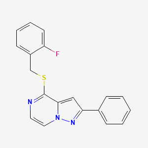 molecular formula C19H14FN3S B3400232 4-[(2-Fluorobenzyl)thio]-2-phenylpyrazolo[1,5-a]pyrazine CAS No. 1040658-33-0