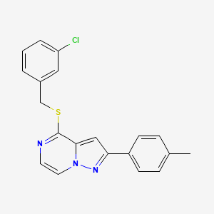 molecular formula C20H16ClN3S B3400314 4-[(3-Chlorobenzyl)thio]-2-(4-methylphenyl)pyrazolo[1,5-a]pyrazine CAS No. 1040658-88-5