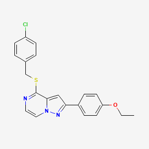 molecular formula C21H18ClN3OS B3400604 4-[(4-Chlorobenzyl)thio]-2-(4-ethoxyphenyl)pyrazolo[1,5-a]pyrazine CAS No. 1040663-82-8