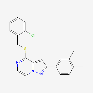 molecular formula C21H18ClN3S B3400618 4-[(2-Chlorobenzyl)thio]-2-(3,4-dimethylphenyl)pyrazolo[1,5-a]pyrazine CAS No. 1040664-30-9