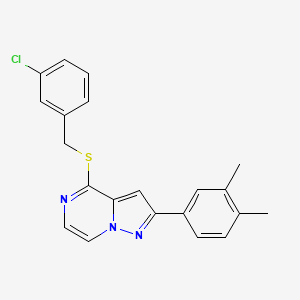 molecular formula C21H18ClN3S B3400620 4-[(3-Chlorobenzyl)thio]-2-(3,4-dimethylphenyl)pyrazolo[1,5-a]pyrazine CAS No. 1040664-37-6