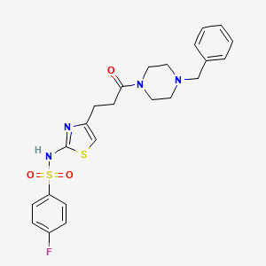 molecular formula C23H25FN4O3S2 B3400688 N-(4-(3-(4-benzylpiperazin-1-yl)-3-oxopropyl)thiazol-2-yl)-4-fluorobenzenesulfonamide CAS No. 1040666-01-0