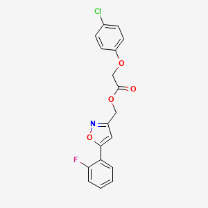 molecular formula C18H13ClFNO4 B3400735 (5-(2-Fluorophenyl)isoxazol-3-yl)methyl 2-(4-chlorophenoxy)acetate CAS No. 1040668-21-0