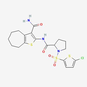molecular formula C19H22ClN3O4S3 B3402292 N-(3-carbamoyl-5,6,7,8-tetrahydro-4H-cyclohepta[b]thiophen-2-yl)-1-((5-chlorothiophen-2-yl)sulfonyl)pyrrolidine-2-carboxamide CAS No. 1050210-88-2