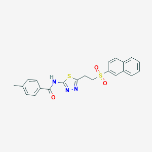 molecular formula C22H19N3O3S2 B340288 4-methyl-N-{5-[2-(2-naphthylsulfonyl)ethyl]-1,3,4-thiadiazol-2-yl}benzamide 