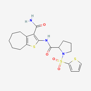 molecular formula C19H23N3O4S3 B3402932 N-(3-carbamoyl-5,6,7,8-tetrahydro-4H-cyclohepta[b]thiophen-2-yl)-1-(thiophen-2-ylsulfonyl)pyrrolidine-2-carboxamide CAS No. 1098639-53-2