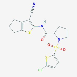 molecular formula C17H16ClN3O3S3 B3402937 1-((5-chlorothiophen-2-yl)sulfonyl)-N-(3-cyano-5,6-dihydro-4H-cyclopenta[b]thiophen-2-yl)pyrrolidine-2-carboxamide CAS No. 1098644-59-7