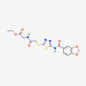 molecular formula C16H16N4O6S2 B3403510 Ethyl 2-(2-((5-(benzo[d][1,3]dioxole-5-carboxamido)-1,3,4-thiadiazol-2-yl)thio)acetamido)acetate CAS No. 1135222-03-5