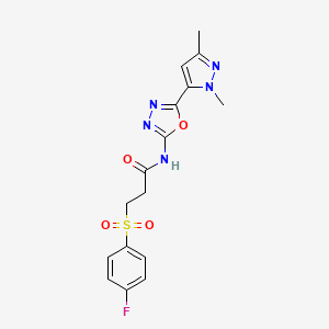 molecular formula C16H16FN5O4S B3403621 N-(5-(1,3-dimethyl-1H-pyrazol-5-yl)-1,3,4-oxadiazol-2-yl)-3-((4-fluorophenyl)sulfonyl)propanamide CAS No. 1170057-36-9
