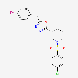 molecular formula C20H19ClFN3O3S B3403667 2-(1-((4-Chlorophenyl)sulfonyl)piperidin-3-yl)-5-(4-fluorobenzyl)-1,3,4-oxadiazole CAS No. 1171593-62-6