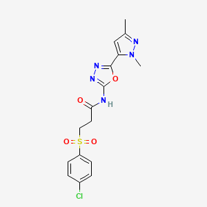 molecular formula C16H16ClN5O4S B3403720 3-((4-chlorophenyl)sulfonyl)-N-(5-(1,3-dimethyl-1H-pyrazol-5-yl)-1,3,4-oxadiazol-2-yl)propanamide CAS No. 1172974-26-3