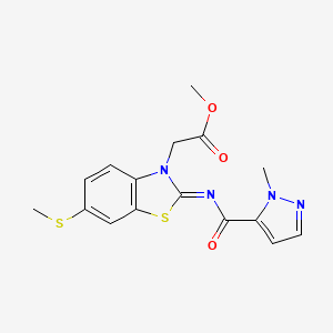 molecular formula C16H16N4O3S2 B3403818 (Z)-methyl 2-(2-((1-methyl-1H-pyrazole-5-carbonyl)imino)-6-(methylthio)benzo[d]thiazol-3(2H)-yl)acetate CAS No. 1173587-45-5