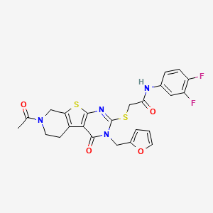 2-({11-acetyl-4-[(furan-2-yl)methyl]-3-oxo-8-thia-4,6,11-triazatricyclo[7.4.0.0^{2,7}]trideca-1(9),2(7),5-trien-5-yl}sulfanyl)-N-(3,4-difluorophenyl)acetamide