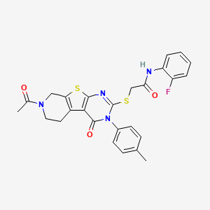 2-{[11-acetyl-4-(4-methylphenyl)-3-oxo-8-thia-4,6,11-triazatricyclo[7.4.0.0^{2,7}]trideca-1(9),2(7),5-trien-5-yl]sulfanyl}-N-(2-fluorophenyl)acetamide