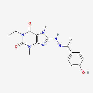 molecular formula C17H20N6O3 B3404043 (E)-1-ethyl-8-(2-(1-(4-hydroxyphenyl)ethylidene)hydrazinyl)-3,7-dimethyl-1H-purine-2,6(3H,7H)-dione CAS No. 1203446-68-7