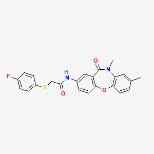 molecular formula C23H19FN2O3S B3404143 N-{6,9-dimethyl-10-oxo-2-oxa-9-azatricyclo[9.4.0.0^{3,8}]pentadeca-1(11),3(8),4,6,12,14-hexaen-13-yl}-2-[(4-fluorophenyl)sulfanyl]acetamide CAS No. 1207021-52-0