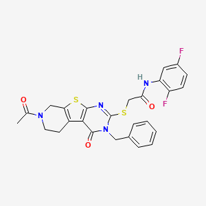 2-({11-acetyl-4-benzyl-3-oxo-8-thia-4,6,11-triazatricyclo[7.4.0.0^{2,7}]trideca-1(9),2(7),5-trien-5-yl}sulfanyl)-N-(2,5-difluorophenyl)acetamide