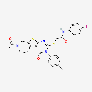 2-{[11-acetyl-4-(4-methylphenyl)-3-oxo-8-thia-4,6,11-triazatricyclo[7.4.0.0^{2,7}]trideca-1(9),2(7),5-trien-5-yl]sulfanyl}-N-(4-fluorophenyl)acetamide
