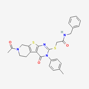 2-{[11-acetyl-4-(4-methylphenyl)-3-oxo-8-thia-4,6,11-triazatricyclo[7.4.0.0^{2,7}]trideca-1(9),2(7),5-trien-5-yl]sulfanyl}-N-benzylacetamide