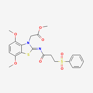 (E)-methyl 2-(4,7-dimethoxy-2-((3-(phenylsulfonyl)propanoyl)imino)benzo[d]thiazol-3(2H)-yl)acetate