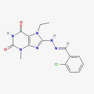 molecular formula C15H15ClN6O2 B3406345 (E)-8-(2-(2-chlorobenzylidene)hydrazinyl)-7-ethyl-3-methyl-1H-purine-2,6(3H,7H)-dione CAS No. 303970-69-6