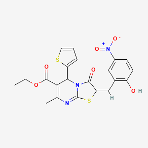 molecular formula C21H17N3O6S2 B3406618 (E)-ethyl 2-(2-hydroxy-5-nitrobenzylidene)-7-methyl-3-oxo-5-(thiophen-2-yl)-3,5-dihydro-2H-thiazolo[3,2-a]pyrimidine-6-carboxylate CAS No. 354787-46-5