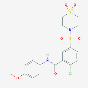 molecular formula C18H19ClN2O6S2 B340662 2-chloro-5-[(1,1-dioxidothiomorpholin-4-yl)sulfonyl]-N-(4-methoxyphenyl)benzamide 