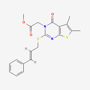 molecular formula C20H20N2O3S2 B3406641 (E)-methyl 2-(2-(cinnamylthio)-5,6-dimethyl-4-oxothieno[2,3-d]pyrimidin-3(4H)-yl)acetate CAS No. 369392-54-1