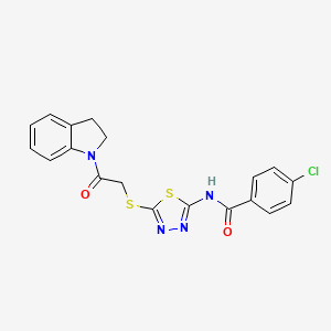 molecular formula C19H15ClN4O2S2 B3406794 4-chloro-N-(5-((2-(indolin-1-yl)-2-oxoethyl)thio)-1,3,4-thiadiazol-2-yl)benzamide CAS No. 392300-73-1