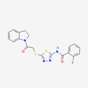 molecular formula C19H15FN4O2S2 B3406800 2-fluoro-N-(5-((2-(indolin-1-yl)-2-oxoethyl)thio)-1,3,4-thiadiazol-2-yl)benzamide CAS No. 392300-82-2