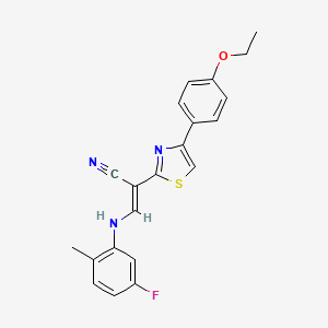 molecular formula C21H18FN3OS B3407058 (2E)-2-[4-(4-ethoxyphenyl)-1,3-thiazol-2-yl]-3-[(5-fluoro-2-methylphenyl)amino]prop-2-enenitrile CAS No. 477298-01-4