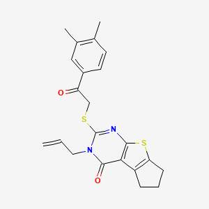 molecular formula C22H22N2O2S2 B3407559 4H-Cyclopenta[4,5]thieno[2,3-d]pyrimidin-4-one, 2-[[2-(3,4-dimethylphenyl)-2-oxoethyl]thio]-3,5,6,7-tetrahydro-3-(2-propen-1-yl)- CAS No. 727689-57-8