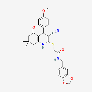molecular formula C29H29N3O5S B3408721 N-(benzo[d][1,3]dioxol-5-ylmethyl)-2-((3-cyano-4-(4-methoxyphenyl)-7,7-dimethyl-5-oxo-1,4,5,6,7,8-hexahydroquinolin-2-yl)thio)acetamide CAS No. 884215-05-8