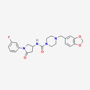 4-(benzo[d][1,3]dioxol-5-ylmethyl)-N-(1-(3-fluorophenyl)-5-oxopyrrolidin-3-yl)piperazine-1-carboxamide