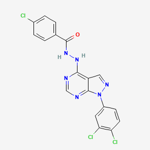 molecular formula C18H11Cl3N6O B3409136 4-chloro-N'-[1-(3,4-dichlorophenyl)-1H-pyrazolo[3,4-d]pyrimidin-4-yl]benzohydrazide CAS No. 890947-78-1