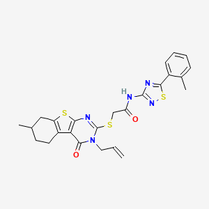 molecular formula C25H25N5O2S3 B3409206 2-[(3-allyl-7-methyl-4-oxo-3,4,5,6,7,8-hexahydro[1]benzothieno[2,3-d]pyrimidin-2-yl)thio]-N-[5-(2-methylphenyl)-1,2,4-thiadiazol-3-yl]acetamide CAS No. 892224-22-5