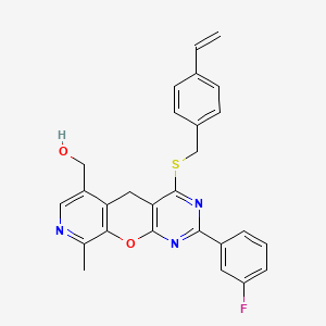 molecular formula C27H22FN3O2S B3409268 (7-{[(4-Ethenylphenyl)methyl]sulfanyl}-5-(3-fluorophenyl)-14-methyl-2-oxa-4,6,13-triazatricyclo[8.4.0.0^{3,8}]tetradeca-1(10),3(8),4,6,11,13-hexaen-11-yl)methanol CAS No. 892416-30-7