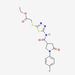 molecular formula C17H17FN4O4S2 B3409714 Ethyl 2-((5-(1-(4-fluorophenyl)-5-oxopyrrolidine-3-carboxamido)-1,3,4-thiadiazol-2-yl)thio)acetate CAS No. 893921-33-0